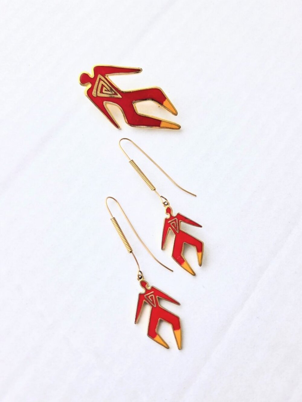 Laurel Burch Tiny Dancers Dancing Spirit People Red Brooch & Dangle Earrings Set